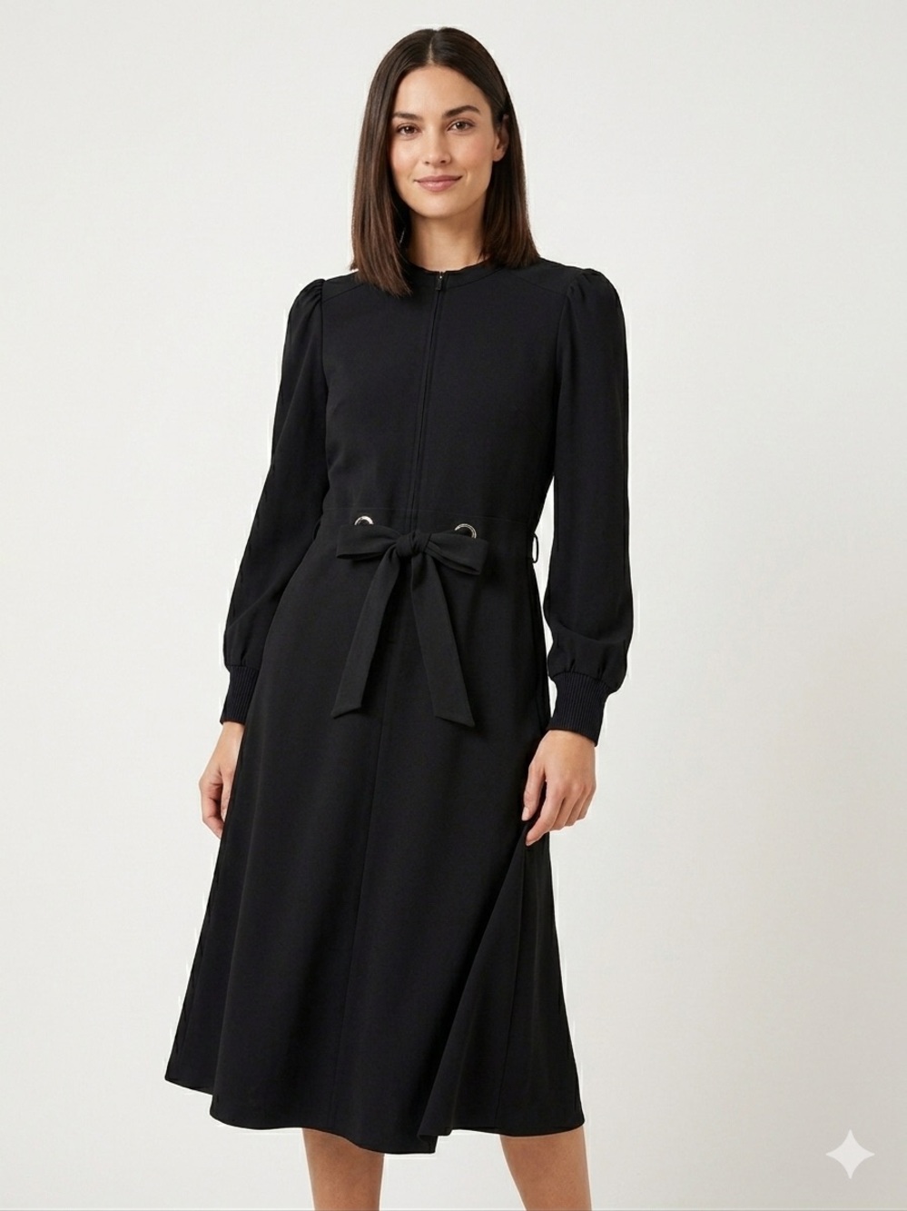 ME+EM Midi Dress Womens 6 Black Knit Zip Front Tie Waist Long Sleeve